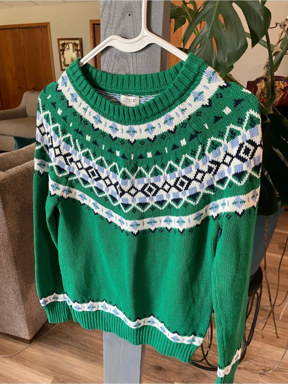 J. Crew Green Fair Isle Crewneck Sweater